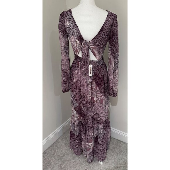 Jessica Simpson Dress Sz XS Boho Maxi Paisley Print Long Sleeve V-Neck Back Tie - Picture 3 of 16